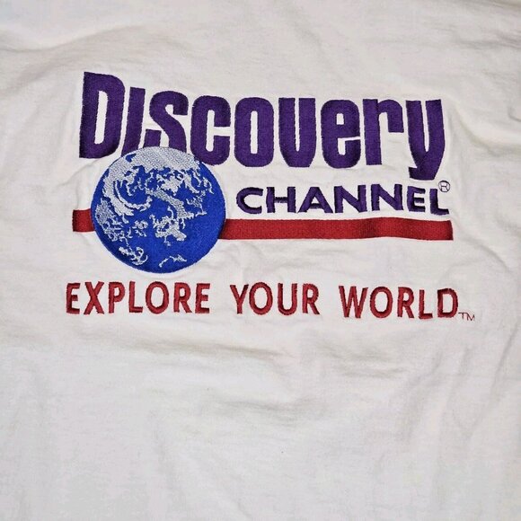 90s Discovery‎ Channel Embroidered T-shirt White Sz Small TALL Cotton - Picture 3 of 7